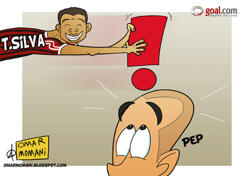 Cartoon: Thiago Silva astonish Pep (medium) by omomani tagged thiago,silva,guardiola,ac,milan,barcelona,brazil,spain,italy,serie,la,liga,champions,league