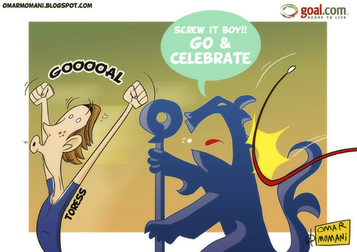 Cartoon: Torres finally scores (medium) by omomani tagged fernando,torres,chelsea,manchester,united,premier,league,spain,england