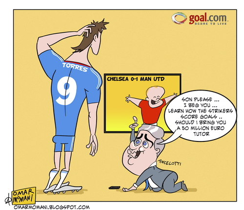 Cartoon: Torres Problem (medium) by omomani tagged torres,fernando,ancelotti,rooney,chelsea,manchester,united,spain,italy,england,champions,league,premie,tv