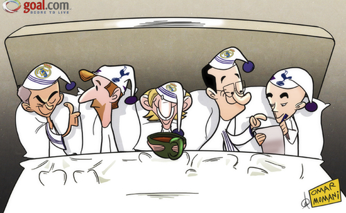 Cartoon: Tottenham jump into bed (medium) by omomani tagged daniel,levy,modric,mourinho,perez,real,madrid,tottenham,villas,boas