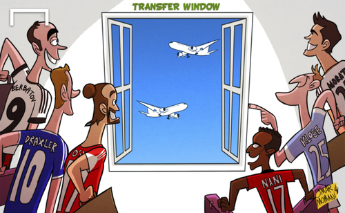 Cartoon: Transfer window (medium) by omomani tagged alvaro,morata,dimitar,berbatov,fulham,julian,draxler,klose,lazio,manchester,united,nani,osvaldo,real,madrid,schalke,southampton