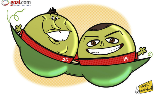 Cartoon: Two peas in a pod (medium) by omomani tagged javier,hernandez,balcazar,chicharito,manchester,united,pea,premier,league,van,persie