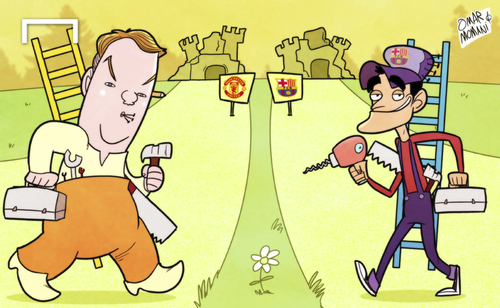 Cartoon: Van Gaal and Enrique start (medium) by omomani tagged barcelona,luis,enrique,manchester,united,van,gaal