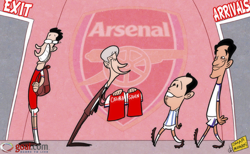 Cartoon: Van Persie glee (medium) by omomani tagged arsenal,malaga,nuri,sahin,real,madrid,santi,cazorla,van,persie,wenger