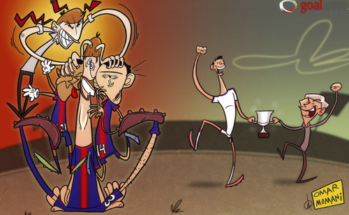 Cartoon: Vilanovas three stooges (medium) by omomani tagged adriano,barcelona,cristiano,ronaldo,javier,mascherano,mourinho,pique,real,madrid,supercopa,de,espana,tito,vilanova