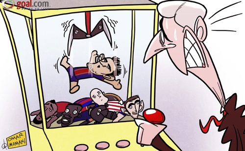 Cartoon: Villa slips out of Wenger grasp (medium) by omomani tagged mbiwa,yanga,zaha,wilfried,wenger,villa,reina,crane,claw,barcelona,arsenal,lopez,adrian