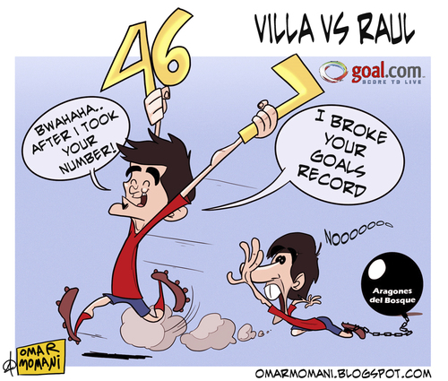 Cartoon: Villa vs Raul (medium) by omomani tagged raul,gonzales,david,villa,spain,46,number,real,madrid,barcelona,del,bosque,aragones