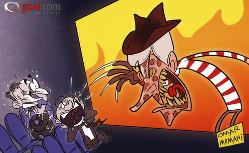 Cartoon: Wenger is gonna getcha (medium) by omomani tagged wenger,arsenal,premier,league,england,france,freddie,krueger,berlusconi,galliani,massimiliano,allegri,ac,milan,serie,italy,cinema,champions