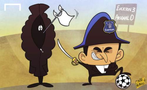 Cartoon: Wenger surrenders (medium) by omomani tagged arsenal,everton,premier,league,roberto,martinez,wenger