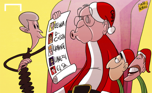 Cartoon: What would you like for Xmas (medium) by omomani tagged arsenal,diego,costa,ezequiel,lavezzi,ivan,gazidis,llorente,robert,lewandowski,santa,claus,sir,chips,keswick,stan,kroenke,stephan,el,shaarawy,wenger