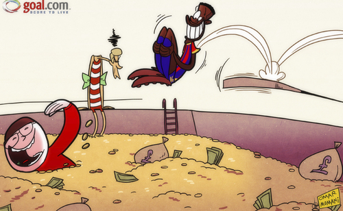 Cartoon: Zaha set to take the plunge (medium) by omomani tagged zaha,wilfried,wenger,united,manchester,ferguson,palace,crystal,arsenal