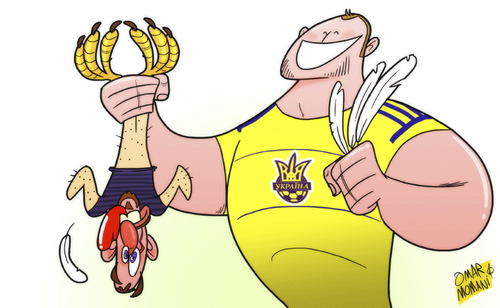 Cartoon: Zozulya plucks France feathers (medium) by omomani tagged france,ribery,roman,zozulya,ukraine,world,cup,qualifications