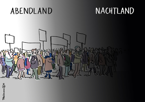 Cartoon: Abend-Nachtland (medium) by Pfohlmann tagged karikatur,cartoon,2014,color,farbe,deutschland,pegida,abendland,patrioten,nacht,nachtland,montagsdemo,proteste,demo,demonstration,montagsdemonstrationen,ausländerfeindlichkeit,bewegung,karikatur,cartoon,2014,color,farbe,deutschland,pegida,abendland,patrioten,nacht,nachtland,montagsdemo,proteste,demo,demonstration,montagsdemonstrationen,ausländerfeindlichkeit,bewegung