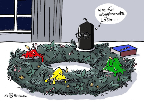 Cartoon: Abgebrannte (medium) by Pfohlmann tagged advent,adventskranz,kerzen,burnout,weihnachten,spd,grüne,fdp,cdu,union,merz,ampel,bundesregierung,haushalt,schuldenbremse,abgebrannt,pleite,geld,finanzen,haushaltskrise,haushaltsloch,advent,adventskranz,kerzen,burnout,weihnachten,spd,grüne,fdp,cdu,union,merz,ampel,bundesregierung,haushalt,schuldenbremse,abgebrannt,pleite,geld,finanzen,haushaltskrise,haushaltsloch