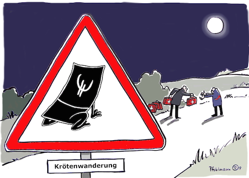 Cartoon: AfD-Krötenwanderung (medium) by Pfohlmann tagged krötenwanderung,geld,spenden,schweiz,afd,affäre,spendenaffäre,meuthen,parteispende,warnschild,schild,illegal,krötenwanderung,geld,spenden,schweiz,afd,affäre,spendenaffäre,meuthen,parteispende,warnschild,schild,illegal