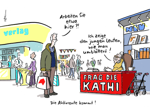 Cartoon: Aktiv Buchmesse (medium) by Pfohlmann tagged aktivrente,ruhestand,alter,altersvorsorge,buchmesse,lesen,bücher,blättern,digitalisierung,kompetenz,fachkräfte,zuverdienst,rentenlücke,generationen,aktivrente,ruhestand,alter,altersvorsorge,buchmesse,lesen,bücher,blättern,digitalisierung,kompetenz,fachkräfte,zuverdienst,rentenlücke,generationen