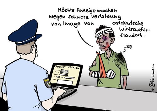 Cartoon: Anzeige wegen Verletzung (medium) by Pfohlmann tagged karikatur,cartoon,2016,color,farbe,deutschland,ostdeutschland,statistik,fremdenfeindlichkeit,ausländerfeindlichkeit,straftaten,brandstiftung,körperverletzung,image,wirtschaft,standort,wirtschaftsstandort,schaden,asylbewerber,flüchtlinge,flüchtlingsheime,anschläge,asylbewerberheime,angriffe,körperliche,bericht,deutsche,einheit,polizei,anzeige,karikatur,cartoon,2016,color,farbe,deutschland,ostdeutschland,statistik,fremdenfeindlichkeit,ausländerfeindlichkeit,straftaten,brandstiftung,körperverletzung,image,wirtschaft,standort,wirtschaftsstandort,schaden,asylbewerber,flüchtlinge,flüchtlingsheime,anschläge,asylbewerberheime,angriffe,körperliche,bericht,deutsche,einheit,polizei,anzeige