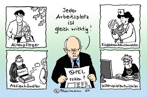 Cartoon: Arbeitsplätze (medium) by Pfohlmann tagged arbeitsplatz,arbeitsplätze,gleich,wichtig,volker,kauder,cdu,opel,rettung,finanzkrise,autokrise,wirtschaftskrise,killerspiel,computerspiel,amok,amoklauf