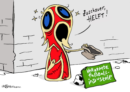 Cartoon: Arme Fußballindustrie (medium) by Pfohlmann tagged karikatur,cartoon,color,farbe,2018,russland,global,welt,weltmeisterschaft,wm,fußball,industrie,logo,pokal,bettler,zuschauer,geld,profit,verarmt,tv,geschäft,karikatur,cartoon,color,farbe,2018,russland,global,welt,weltmeisterschaft,wm,fußball,industrie,logo,pokal,bettler,zuschauer,geld,profit,verarmt,tv,geschäft