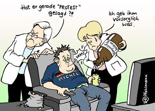 Cartoon: Baldrian für Michel (medium) by Pfohlmann tagged protest,sozialer,friede,revolution,michel,steinmeier,merkel,konjunkturpaket,wahlkampf,spd,cdu,rülpsen,tv,fernsehen,chips