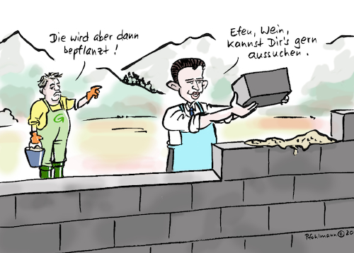 Cartoon: Begrünte Mauer (medium) by Pfohlmann tagged 2020,österreich,koalition,schwarzgrün,schwarz,grün,grüne,övp,kurz,kanzler,kogler,mauer,migration,flüchtlinge,begrünen,abschottung,2020,österreich,koalition,schwarzgrün,schwarz,grün,grüne,övp,kurz,kanzler,kogler,mauer,migration,flüchtlinge,begrünen,abschottung