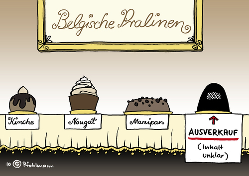 Cartoon: Belgische Pralinen (medium) by Pfohlmann tagged belgien,burka,verbot,gesetz,schleier,praline,pralinen,schokolade,verhüllung,vermummung,islam,belgien,burka,verbot,gesetz,schleier,praline,pralinen,schokolade,verhüllung,vermummung,islam,religion