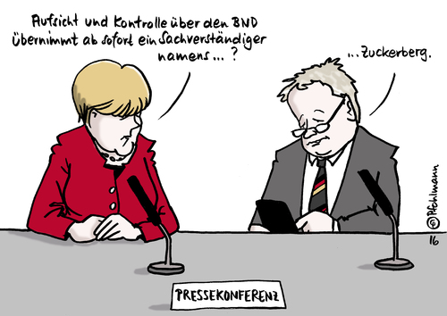 Cartoon: BND-Aufsicht (medium) by Pfohlmann tagged karikatur,cartoon,2016,color,farbe,deutschland,bnd,bundesnachrichtendienst,reform,geheimdienst,daten,abhören,merkel,bundeskanzlerin,zuckerberg,facebook,datenschutz,kahl,pressekonferenz,aufsicht,kontrolle,sicherheitspolitik,überwachung,karikatur,cartoon,2016,color,farbe,deutschland,bnd,bundesnachrichtendienst,reform,geheimdienst,daten,abhören,merkel,bundeskanzlerin,zuckerberg,facebook,datenschutz,kahl,pressekonferenz,aufsicht,kontrolle,sicherheitspolitik,überwachung