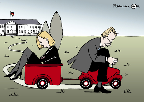 Cartoon: Bobbycar (medium) by Pfohlmann tagged karikatur,color,farbe,2012,deutschland,bundespräsident,wulff,rücktritt,bobbycar,bobby,car,bettina,schloss,bellevue,affäre,2012,deutschland,bundespräsident,wulff,rücktritt