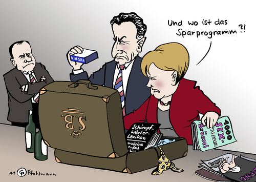 Cartoon: Brüssel-Tourist (medium) by Pfohlmann tagged schuldenkrise,2011,farbe,color,karikatur,ranking,staatsschulden,sparprogramm,koffer,berlusconi,italien,rating,merkel,sarkozy,deutschland,frankreich,bankenkrise,europa,euro,eu,rettungsschirm,efsf,hilfspaket,pleite,zahlungsunfähigkeit,insolvenz,sparen,kreditwürdigkeit,wirtschaftskrise,schulden,reform,einsparungen,koffer,berlusconi,italien,schuldenkrise,ranking,merkel,sarkozy,deutschland,staatsschulden