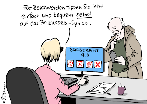 Cartoon: Bürgeramt 4.0 (medium) by Pfohlmann tagged karikatur,cartoon,farbe,color,2018,deutschland,digitalklausur,digitalisierung,bürgeramt,internet,breitband,ausbau,verwaltung,papierkorb,bürger,bequem,dienstleistungen,amt,ämter,bundesregierung,digitalrat,karikatur,cartoon,farbe,color,2018,deutschland,digitalisierung,bürgeramt,internet,breitband,ausbau,verwaltung,papierkorb,bürger,bequem,dienstleistungen,amt,ämter,bundesregierung,digitalrat