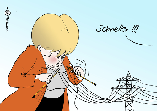 Cartoon: Chefsache Netzausbau (medium) by Pfohlmann tagged karikatur,color,farbe,2012,deutschland,stromnetz,energiewende,netz,strommast,stromkabel,stricken,strickzeug,merkel,bundeskanzlerin,netzausbau,energiepolitik,netzagentur,ausbau,2012,deutschland,stromnetz,energiewende,netz,strommast,stromkabel,stricken