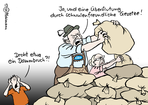 Cartoon: Dammbruch (medium) by Pfohlmann tagged hochwasser,homoehe,deutschland,2013,farbe,color,cartoon,karikatur,cdu,union,deich,damm,deichbruch,dammbruch,sandsäcke,sandsack,lebensgemeinschaft,gleichgeschlechtliche,gleichstellung,adoptionsrecht,adoption,eingetragene,partnerschaft,homosexualität,schwul,lesbisch,homosexuell,ehe,schutz,familie,konservativ,karikatur,cartoon,color,farbe,2013,deutschland,homoehe,hochwasser,sandsack,sandsäcke,dammbruch,deichbruch,damm,deich,union,cdu,adoption,adoptionsrecht,gleichstellung,gleichgeschlechtliche,lebensgemeinschaft,eingetragene,partnerschaft,homosexualität,schwul,lesbisch,homosexuell,ehe,schutz,familie,konservativ