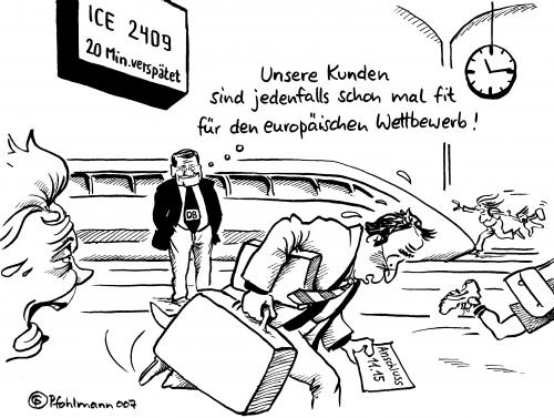 Cartoon: DB-Kunden (medium) by Pfohlmann tagged db,bahn,mehdorn,wettbewerb,bahnhof,,wettbewerb,bahnhof,db,bahn,zug,verspätung,ice,hartmut,mehdorn,vorsitzender,wirtschaft,rennen,laufen,pünktlichkeit,hetzen,sprinten,sport,fitness