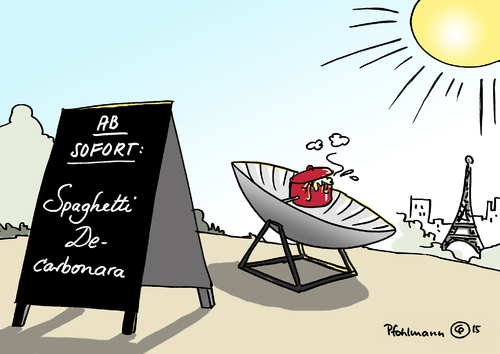 Cartoon: Decarbonara (medium) by Pfohlmann tagged karikatur,cartoon,2015,color,farbe,paris,klimagipfel,klimakonferenz,gipfel,decarbonisierung,decarbonara,spaghetti,solarkocher,alternative,energie,klimawandel,co2,reduktion,erneuerbare,energien,solarenergie,sonne,sonnenenergie,klimavertrag,deutschland,karikatur,cartoon,2015,color,farbe,paris,klimagipfel,klimakonferenz,gipfel,decarbonisierung,decarbonara,spaghetti,solarkocher,alternative,energie,klimawandel,co2,reduktion,erneuerbare,energien,solarenergie,sonne,sonnenenergie,klimavertrag,deutschland