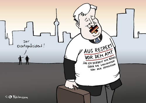 Cartoon: Der Ersatzpräsident (medium) by Pfohlmann tagged karikatur,color,farbe,2012,deutschland,bundespräsident,wulff,rücktritt,seehofer,ersatz,vertretung,geschäftsführung,respekt,amt,schweigen,zurückhaltung,gegner,opposition,2012,deutschland,bundespräsident,wulff,rücktritt,seehofer,ersatz,vertretung