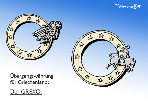 Cartoon: der GREXO (medium) by Pfohlmann tagged karikatur,cartoon,2015,color,farbe,griechenland,grexit,grexo,geld,münze,eu,pleite,euro,euroraum,austritt,referendum,volksabstimmung,nein,zahlungsunfähigkeit,staatspleite,reformen,schuldenkrise,europa,reformliste,geldgeber,kredite,währung,karikatur,cartoon,2015,color,farbe,griechenland,grexit,grexo,geld,münze,eu,pleite,euro,euroraum,austritt,referendum,volksabstimmung,nein,zahlungsunfähigkeit,staatspleite,reformen,schuldenkrise,europa,reformliste,geldgeber,kredite,währung