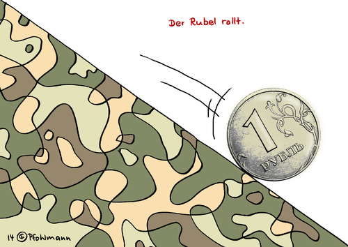 Cartoon: Der Rubel rollt (medium) by Pfohlmann tagged karikatur,cartoon,color,farbe,2014,ukraine,russland,eu,krise,einmarsch,konflikt,militär,camouflage,rubel,kurs,kursverlust,währung,börse,wirtschaft,wirtschaftskrise,rollt,rollen,bergab,wertverlust,karikatur,cartoon,color,farbe,2014,ukraine,russland,eu,krise,einmarsch,konflikt,militär,camouflage,rubel,kurs,kursverlust,währung,börse,wirtschaft,wirtschaftskrise,rollt,rollen,bergab,wertverlust