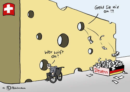 Cartoon: Deutsch-Schweizer Käse (medium) by Pfohlmann tagged karikatur,color,farbe,2011,deutschland,schweiz,löcher,käse,steuer,steuern,steuerabkommen,vertrag,abkommen,vereinbarung,steuersünder,steuerhinterziehung,schäuble,finanzminister,anonymität,anonym,schlupflöcher,konto,konten,geld,schweiz,löcher,deutschland,steuer,käse,steuern,steuerabkommen,vereinbarung,abkommen,steuersünder