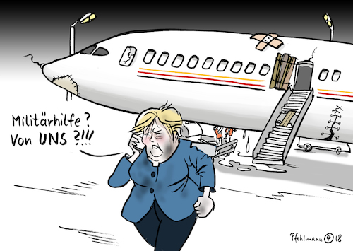 Cartoon: Deutsche Militärhilfe (medium) by Pfohlmann tagged karikatur,cartoon,farbe,color,2018,deutschland,merkel,ukraine,russland,krise,militär,militärhilfe,airbus,luftbereitschaft,bundeswehr,panne,verspätung,bundeskanzlerin,g20,gipfel,gipfeltreffen,flugzeug,karikatur,cartoon,farbe,color,2018,deutschland,merkel,ukraine,russland,krise,militär,militärhilfe,airbus,luftbereitschaft,bundeswehr,panne,verspätung,bundeskanzlerin,g20,gipfel,gipfeltreffen,flugzeug