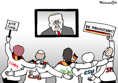 Cartoon: Die Mannschaft (medium) by Pfohlmann tagged karikatur,cartoon,2016,color,farbe,türkei,deutschland,em,europameisterschaft,parteien,zusammenhalt,wir,sind,solidarität,fans,fußball,beginn,özdemir,abgeordnete,mdb,drohung,bluttest,erdogan,präsident,verstimmung,mannschaft,armenien,parlament,bundestag,resolution,völkermord,türkisch,blut,abstammung,parlamentarier,türkischstämmig,druck,erklärung,verurteilung,genozid,karikatur,cartoon,2016,color,farbe,türkei,deutschland,em,europameisterschaft,parteien,zusammenhalt,wir,sind,solidarität,fans,fußball,beginn,özdemir,abgeordnete,mdb,drohung,bluttest,erdogan,präsident,verstimmung,mannschaft,armenien,parlament,bundestag,resolution,völkermord,türkisch,blut,abstammung,parlamentarier,türkischstämmig,druck,erklärung,verurteilung,genozid