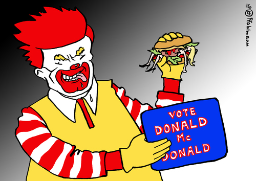 Cartoon: Donald McDonald (medium) by Pfohlmann tagged karikatur,cartoon,2016,color,farbe,usa,trump,clown,mc,donald,ronald,angst,sexismus,sexistisch,frauenfeindlich,burger,kandidat,republikaner,präsidentschaftswahl,wahlkampf,karikatur,cartoon,2016,color,farbe,usa,trump,clown,mc,donald,ronald,angst,sexismus,sexistisch,frauenfeindlich,burger,kandidat,republikaner,präsidentschaftswahl,wahlkampf