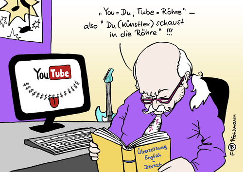 Cartoon: Du Röhre (medium) by Pfohlmann tagged karikatur,color,farbe,2012,deutschland,youtube,gema,klage,prozess,urheber,urheberrecht,künstler,autor,musiker,komponist,röhre,rohr,übersetzung,englisch,deutsch,wörterbuch,verwertung,einkommen,recht,rechte,anspruch,ansprüche,dollar,zunge,pc,computer,web,internet,www,deutschland,youtube,gema,klage,prozess,urheber,urheberrecht,künstler