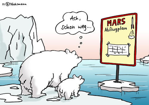 Cartoon: Eisbär Marsmission (medium) by Pfohlmann tagged karikatur,cartoon,color,farbe,2014,global,klima,klimawandel,klimaschutz,eisbär,eisbären,mars,marsmission,weltraum,raumfahrt,indien,klimagipfel,abflug,arktis,antarktis,polkappen,meeresspiegel,karikatur,cartoon,color,farbe,2014,global,klima,klimawandel,klimaschutz,eisbär,eisbären,mars,marsmission,weltraum,raumfahrt,indien,klimagipfel,abflug,arktis,antarktis,polkappen,meeresspiegel