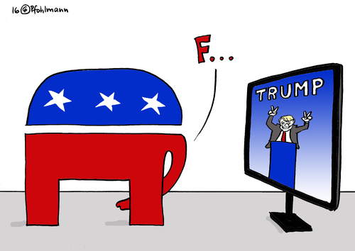 Cartoon: Elefantenscham (medium) by Pfohlmann tagged karikatur,cartoon,2016,color,farbe,usa,republikaner,scham,elefant,vorwahlen,sieger,kandidat,präsidentschaftswahlen,trump,tv,fernsehen,nachrichten,karikatur,cartoon,2016,color,farbe,usa,republikaner,scham,elefant,vorwahlen,sieger,kandidat,präsidentschaftswahlen,trump,tv,fernsehen,nachrichten