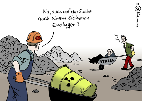 Cartoon: Endlager (medium) by Pfohlmann tagged karikatur,color,farbe,2011,italien,deutschland,berlusconi,rücktritt,regierungskrise,schubkarre,endlager,atommüll,gorleben,atomenergie,kernenergie,eurokrise,sparprogramm,reform,reformen,reformprogramm,europa,eu,schuldenkrise,schulden,staatsschulden,staatsverschuldung,deutschland,italien,berlusconi,rücktritt,regierungskrise,schubkarre,endlager,atomenergie,gorleben,atommüll,kernenergie,eurokrise,sparprogramm,reform,reformen