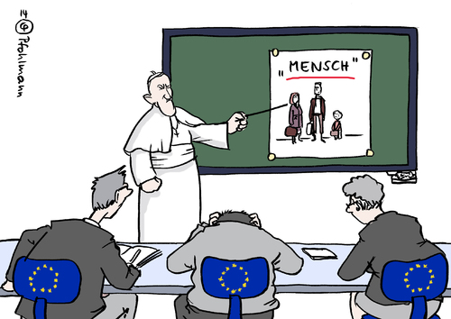 Cartoon: EU-Lehrer Franziskus (medium) by Pfohlmann tagged karikatur,cartoon,2014,welt,global,globus,eu,europa,papst,franziskus,unterricht,parlament,parlamentarier,rede,ermahnung,mensch,tafel,schule,flüchtlinge,abgeordnete,karikatur,cartoon,2014,welt,global,globus,eu,europa,papst,franziskus,unterricht,parlament,parlamentarier,rede,ermahnung,mensch,tafel,schule,flüchtlinge,abgeordnete