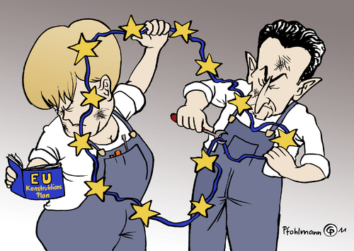 Cartoon: EU Reparatur (medium) by Pfohlmann tagged karikatur,color,farbe,2011,europa,merkel,sarkozy,deutschland,frankreich,euro,eu,schuldenkrise,eurokrise,konstruktion,verträge,reparatur,mechaniker,reform,sterne,2011,europa,merkel,sarkozy,deutschland,frankreich,euro,eu,eurokrise,finanzkrise