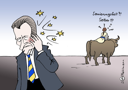 Cartoon: EU Sanierungsfall (medium) by Pfohlmann tagged karikatur,cartoon,color,farbe,2013,europa,eu,eurokrise,euro,oettinger,kommissar,eukommissar,sanierungsfall,kritik,stier,ohrfeige,karikatur,cartoon,color,farbe,2013,europa,eu,eurokrise,euro,oettinger,kommissar,eukommissar,sanierungsfall,kritik,stier,ohrfeige