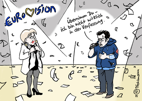 Cartoon: Eurovision Rücktritt (medium) by Pfohlmann tagged karikatur,cartoon,2015,color,farbe,deutschland,eurovision,song,contest,rücktritt,kümmert,sieger,gewinner,zweiter,merkel,bundeskanzlerin,griechenland,tsipras,verfassung,euro,schuldenkrise,eu,europa,schlagerwettbewerb,wien,wettbewerb,sänger,sängerin,ann,sophie,karikatur,cartoon,2015,color,farbe,deutschland,eurovision,song,contest,rücktritt,kümmert,sieger,gewinner,zweiter,merkel,bundeskanzlerin,griechenland,tsipras,verfassung,euro,schuldenkrise,eu,europa,schlagerwettbewerb,wien,wettbewerb,sänger,sängerin,ann,sophie