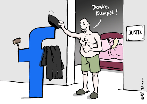 Cartoon: Facebook Richterkumpel (medium) by Pfohlmann tagged karikatur,cartoon,color,farbe,2018,usa,global,deutschland,netzwerkdurchsetzungsgesetz,richter,justiz,facebook,plattform,plattformen,internet,soziale,medien,robe,kumpel,aufgabenteilung,hass,staat,privatisierung,demokratie,delegierung,delegieren,abgabe,verantwortung,plattformbetreiber,karikatur,cartoon,color,farbe,2018,usa,global,deutschland,netzwerkdurchsetzungsgesetz,richter,justiz,facebook,plattform,plattformen,internet,soziale,medien,robe,kumpel,aufgabenteilung,hass,staat,privatisierung,demokratie,delegierung,delegieren,abgabe,verantwortung,plattformbetreiber